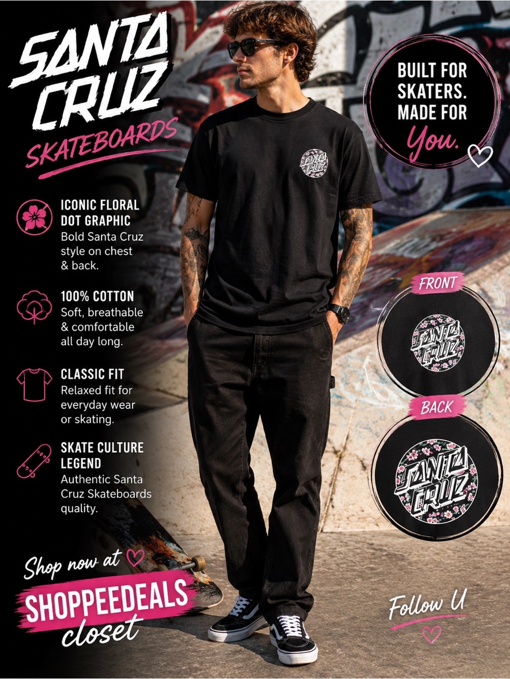 Santa Cruz Skateboards Floral Dot T-Shirt – 100% Cotton